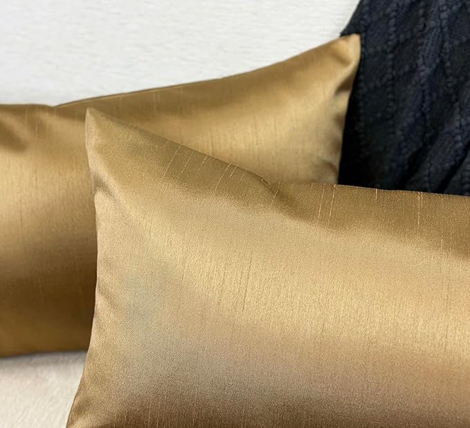 Aiking Home Collection 12x24 Inches Faux Silk Rectangular Throw Pillow Cover, Zipper Closure, Brass (Set of 2)