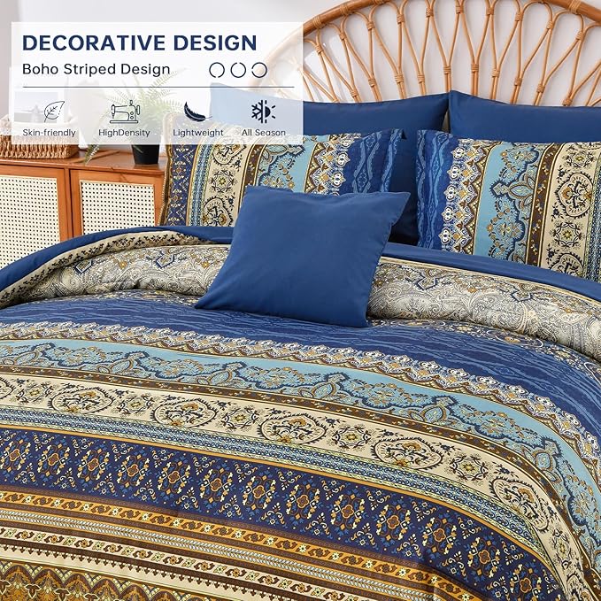 Cottolester Boho Comforter Set Full Size 8 Pieces,Brown Blue Bohemian Comforter Paisley Striped Bed in A Bag,Soft Microfiber Bedding Set for All Season