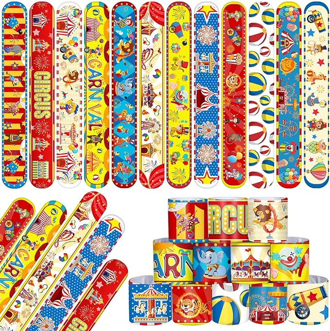 Carnival Party Favors 60 PCS Circus Carnival Clown Animal Slap Bracelets Wristbands for Kids Carnival Theme Birthday Party Decorations Supplies Baby Shower Classroom Rewards Gifts
