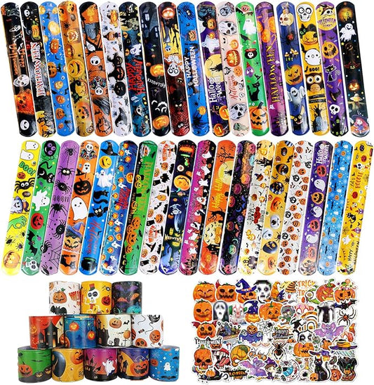 36pcs Halloween Slap Bracelets Assorted Bulk Pumpkin Snap Wristbands and 50Pcs Stickers Party Favors Gift Filler Supply
