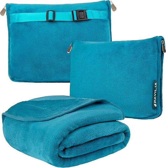 PAVILIA Travel Blanket Pillow, Soft Airplane Blanket 2-IN-1 Combo Set, Plane Blanket Compact Packable, Flight Essentials Car Pillow, Travelers Gifts Accessories Luggage Backpack Strap, 60x43 Teal Blue