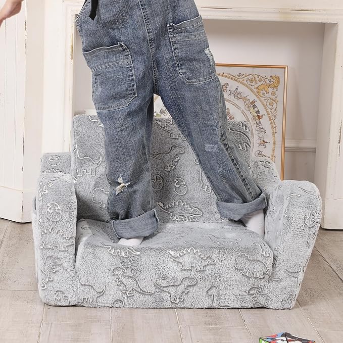 Dinosaur Glow in The Dark Toddler Couch, 2-in-1 Toddler Soft Couch Fold Out with Star Pillow, Convertible Sofa to Lounger for Girls and Boys, 1-Seat