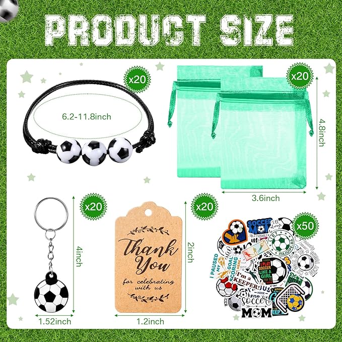 130 Pcs Soccer Party Favors Soccer Gift with Soccer Keychain Organza Soccer Goodie Bags Soccer Bracelet Soccer Stickers Kraft Tag Soccer Party Decorations for Boys Girls Birthday Sports Events