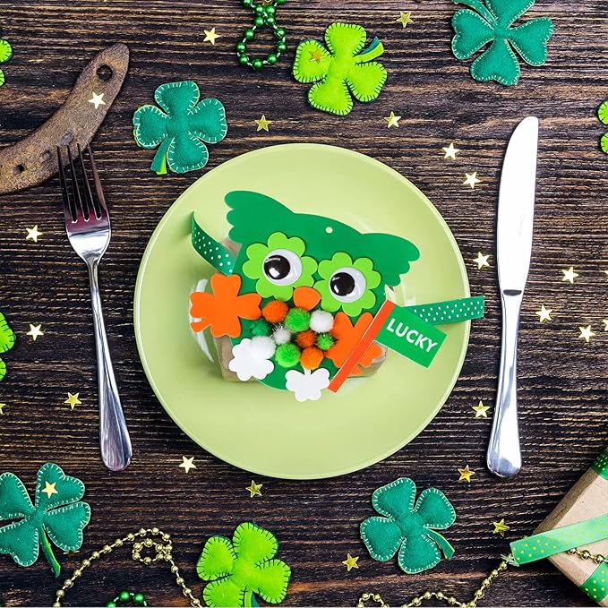 24 Sets Owl Shamrock Ornaments St. Patrick's Day Decorations Craft Kits Assorted Owl Four-Leaf Clover Lucky Shamrock Foam Stickers Pom-poms Google Eye for Kids Classroom Home Activity Gift Art Project
