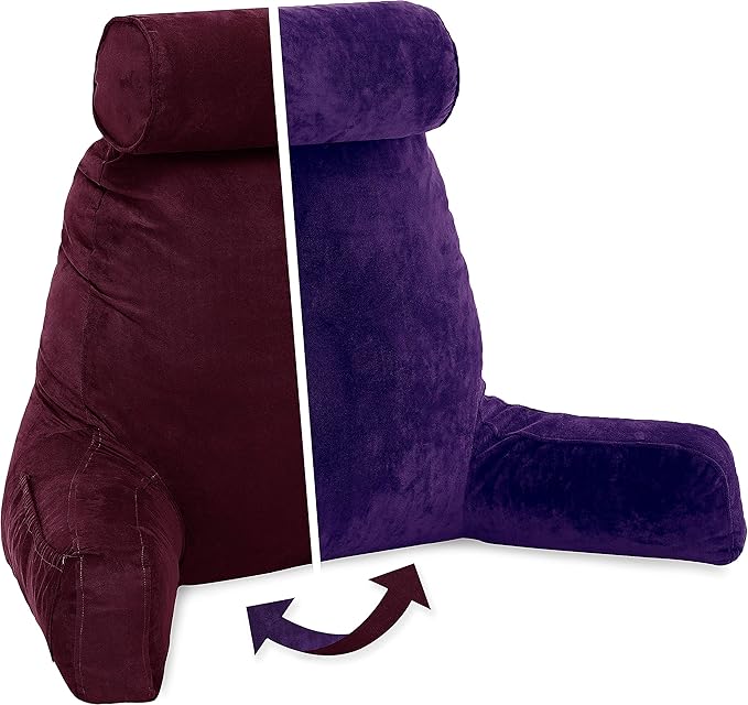 Husband Pillow XXL Aspen Edition, Adult Reading Sit Up Bed Rest Pillow for Bed with Arms & Neck Roll on Bungee Cord - Premium Memory Foam - Reversible 2 Sided Cover Micro Suede or Plush, Mauve Purple