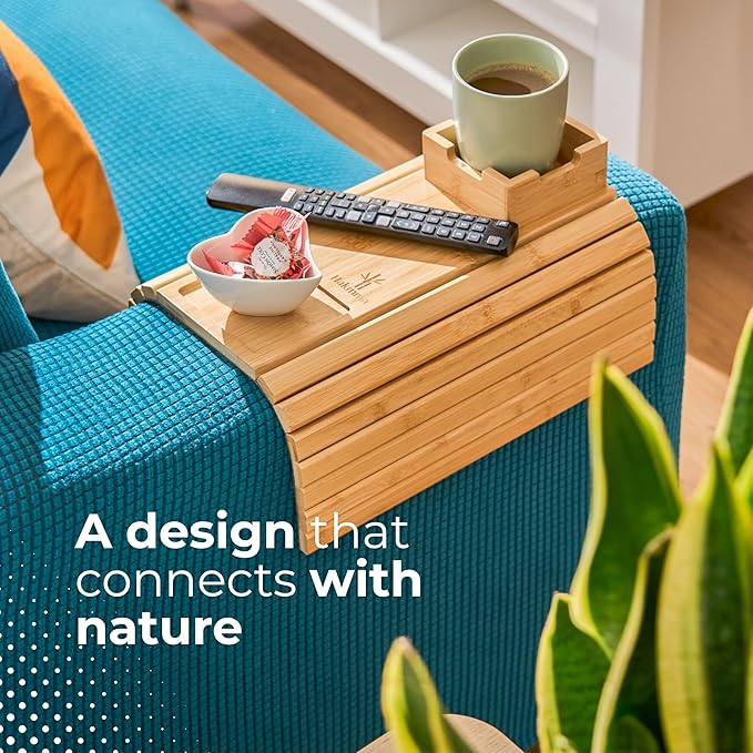 Bamboo Couch Cup Holder – Eco-Friendly Sofa Armrest Tray Table with Cup Holder for Coffee, Snacks & Phone – Foldable Bamboo Couch Arm Table, Anti-Slip Armrest Tray for Couch