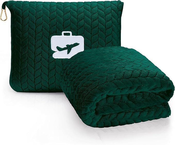 EverSnug Travel Blanket & Pillow 68x42 - Premium Ultra-Soft Microfleece 2 in 1 Compact & Packable Flight Blanket with Soft Bag Pillowcase, Hand Luggage Sleeve and Backpack Clip (Forest Green)