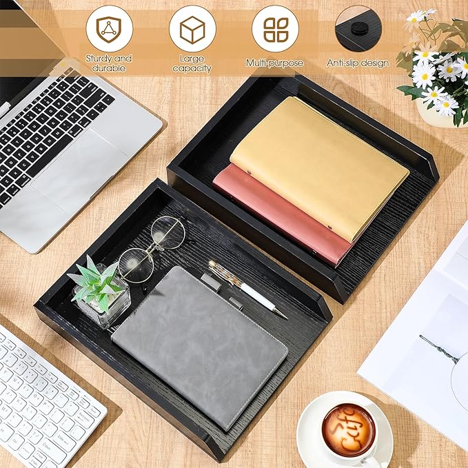 DoubleFill 4 Pcs Wooden Letter Trays Wood Letter-Size Desk Organizer Heavy Duty 2 Tier Stackable Supports Paper Tray Desktop Drawer Organizer File Folder Magazine Office Accessories (Black)