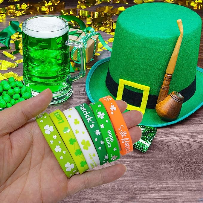 Lesnala 48 PCS St. patrick's day rubber wristband Shamrock Element Silicone Bracelet Theme Party Decoration for kids teens women men gifts holiday accessories Green