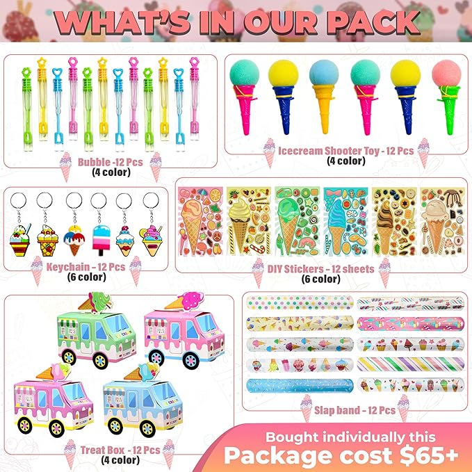 Ice Cream Party Favor 72 PCS Slap Treat Box Bracelets DIY Stickers Icecream Cone Foam Ball Keychain Bubble Gift Rewards for Kids Candyland Birthday Supply