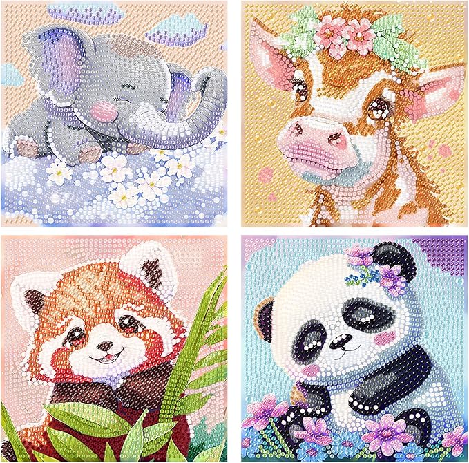 KYOQFVN 4 Pack Cartoon Diamond Art Kits - Arts and Crafts, 5D Full Drill Gem Art Mini Diamond Art Painting Wall Decor 6x6 Inch