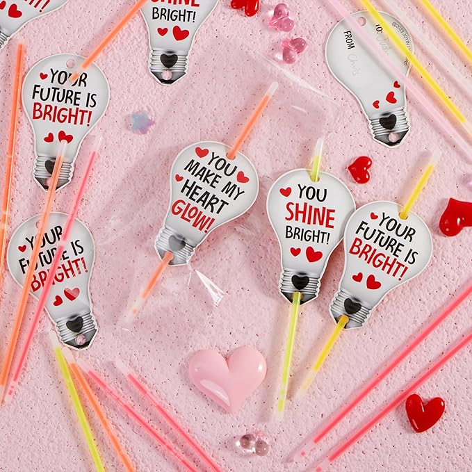 JOYIN 36 Packs Neon Valentines Day Gift Bulb Cards with Glow Sticks, Glow Necklaces for Valentine's Party Favor, Valentine Classroom Exchange Cards, Valentine School Prize