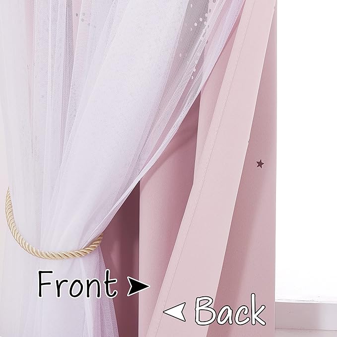 NICETOWN Short Curtains for Nursery Bedroom, Double Layer 63 inches Long Moon Star Cutout Girls Ombre Curtains with Sheer Overly for Living Room Nursery, 2 Panels, 42" Wide, Pink