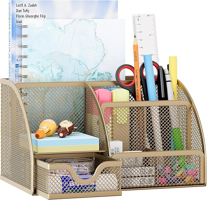 EasyPAG Mesh Desk Organizer with Drawer Multi-functional Pen Holder Stationery Organizer for Office School Supplies 6 Compartments Dorm Organizers and Storage for Desk, Gold