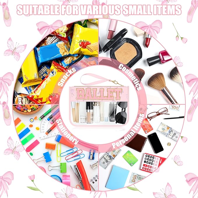 BuyCard Ballet Gifts Cosmetic Makeup Bag with Chenille Letter Patch, Clear Pouch PVC Organizer Purse, Waterproof Travel Bag, Portable Toiletry Storage Bag for Her Girls Friends Women