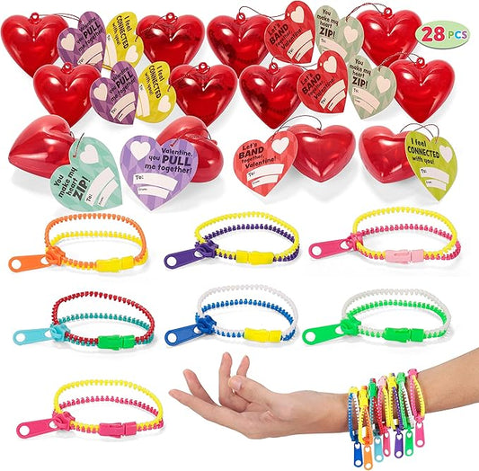 JOYIN 28 Pcs Valentines Day Pre Filled Hearts with Cards Filled with Zipper Bracelets for Kids Classroom Exchange, Cute Toys for Valentine Party Favors, Gift Exchange, Game Prizes