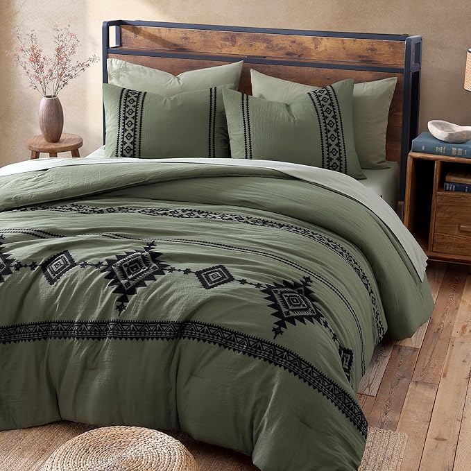MaiRêve Embroidery Comforter Set, Boho Farmhouse Western Bedding Set, All Season Bed in A Bag Comforter Set with Sheets, Pillowcases & Shams, Olive Green Queen 7 Pieces