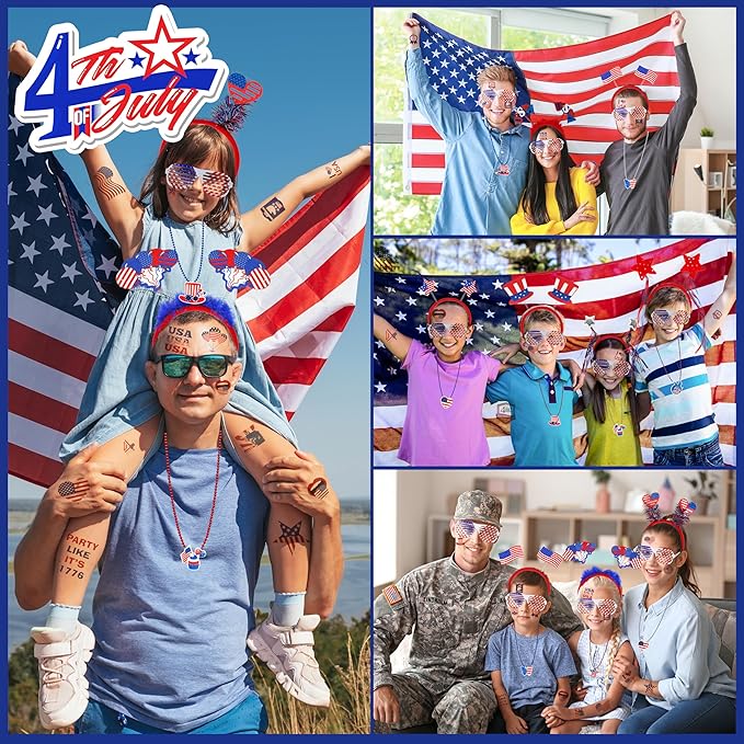 4th of July Patriotic Accessories for kids Including Glasses Necklaces Headbands Bracelets Tattoos for Fourth of July Party Decorations, Independence Day, Memorial Day