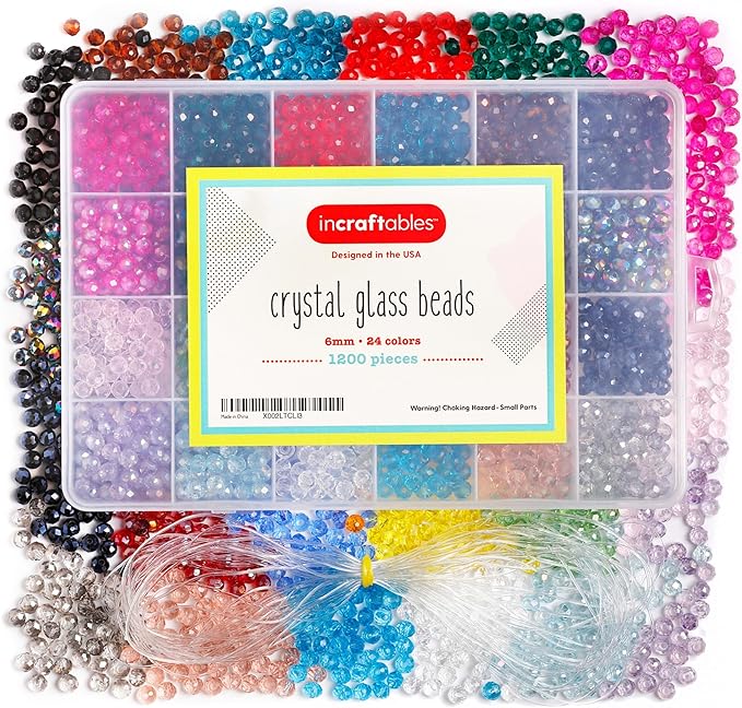 Incraftables Crystal Beads for Bracelets 1200pcs 24 Colors. Bicone Crystal Glass Beads for Jewelry Making Bulk (6mm). Best Faceted with Elastic String. Small Bead Bracelet for DIY Crafts