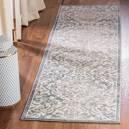 SAFAVIEH Brentwood Collection 2' x 12' Light Grey/Blue BNT810G Damask Non-Shedding Living Room Bedroom Runner Rug