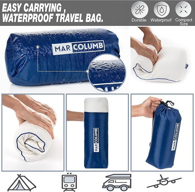 Marcolumb Travel & Camping Comfortable Memory Foam Pillow – Easy to Carry Portable Bag – Temperature Regulating Pillow Case - Perfect for Travelling (White)