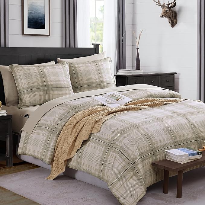 MaiRêve Plaid Full Comforter Sets, Khaki Green Grid Farmhouse Bedding Set Bed in A Bag, Classic Checkered Comforter Sets with Fitted & Flat Sheet, Pillowcases & Shams 80"x90"