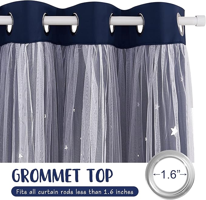 NICETOWN Kids Curtains, Navy Romantic Moon and Stars Double Layer Curtains Blackout Grommet Drapes for Kids Teenagers Bedroom Small Window for Thanksgiving, 2PCs, 52 inches Wide x 63 inches Long