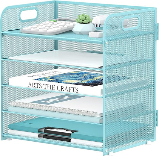 Supeasy 5 Trays Paper Organizer Letter Tray with Handle-Mesh Desk File Organizer, Paper Sorter Desk Organizer for Office, Home or School (Light Blue)