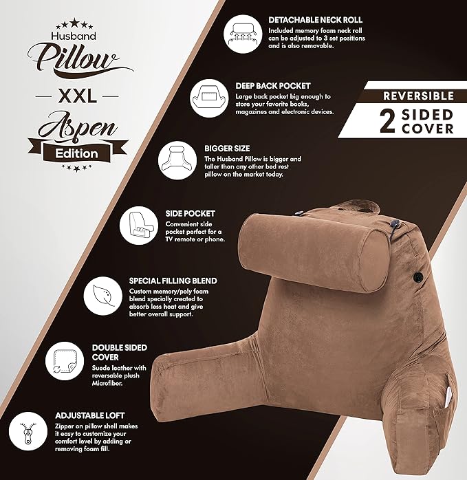 Husband Pillow XXL Aspen Edition, Adult Reading Sit Up Bed Rest Pillow for Bed with Arms & Neck Roll on Bungee Cord - Premium Memory Foam - Reversible 2 Sided Cover Micro Suede or Plush, Saddle Brown