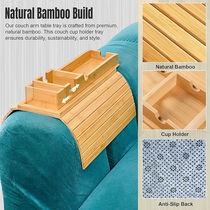 Adjustable Bamboo Couch Cup Holder (Fits 4.5” to 14” Arms) - Foldable Non-Slip Bamboo Sofa Armrest Tray - Detachable Sofa Arm Tray Couch Caddy with Cup Holder for Drinks, Phone, Remote, Snacks
