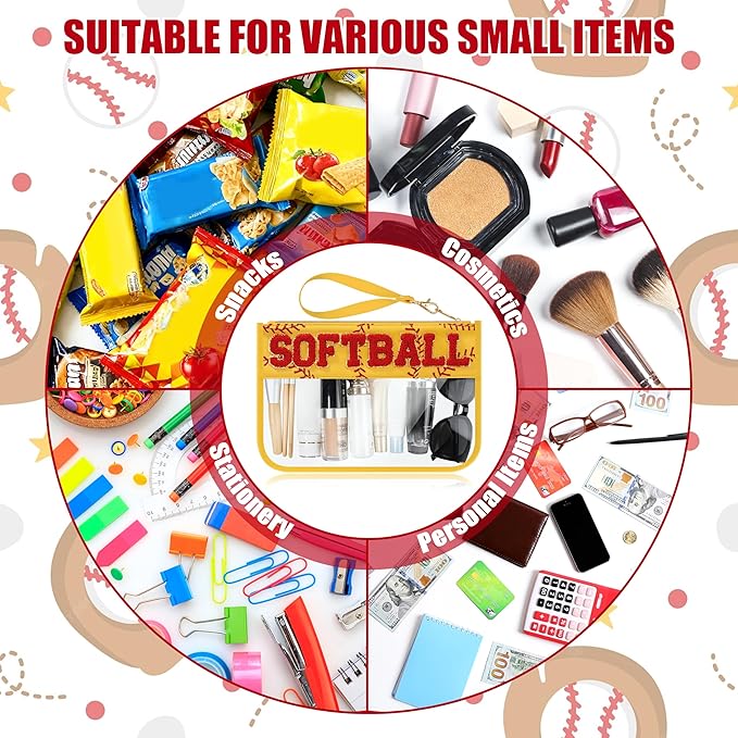 BuyCard Softball Gifts Makeup Bag with Chenille Letter Patch, Clear Cosmetic Pouch PVC Organizer Purse, Waterproof Travel Bag, Portable Toiletry Storage Bag for Her Friends