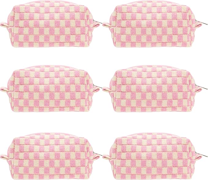 PAZIMIIK 6PCS Checkered Makeup Bag for Purse Portable Zipper Make Up Pouch Small Cosmetic Case for Travel Accessories Pink Beige