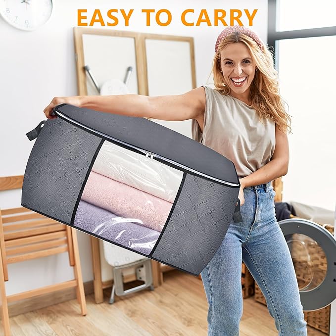 90L Large Blanket Storage Bags, 6 Pack Clothes Storage Bag Comforter Storage Bin with Reinforced Handle and Lid Foldable Closet Organizer and Storage Containers for Bedding Sheets and Duvet