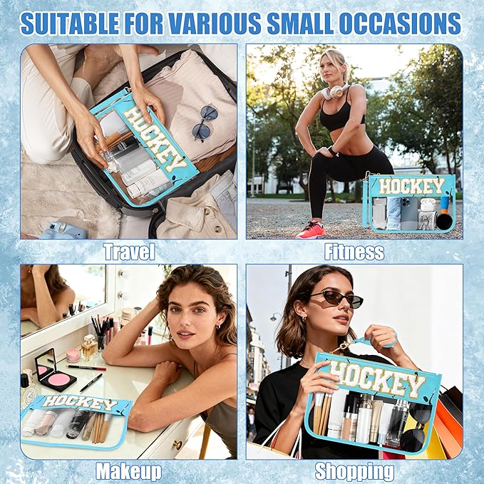 BuyCard Hockey Gifts Makeup Bag with Chenille Letter Patch, Clear Cosmetic Pouch PVC Organizer Purse, Waterproof Travel Bag, Portable Toiletry Storage Bag for Her Friends