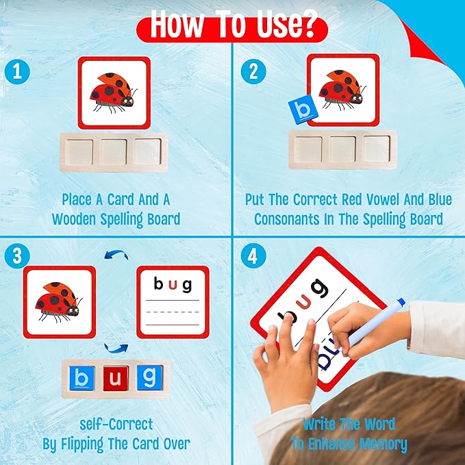 154 PCS Wooden CVC Word Spelling Game, Short Vowel Spelling Flashcards Sight Words Flash Cards Montessori Early Educational Toys for Preschool Kindergarten (5 Dry Erase Marker Included)