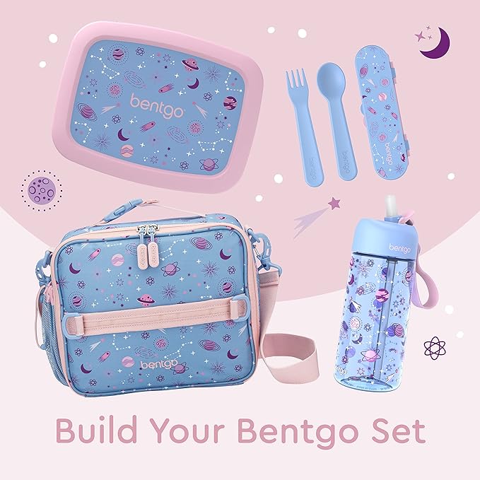 Bentgo Kids Utensil Set - Reusable Plastic Fork, Spoon & Storage Case - BPA-Free Materials, Easy-Grip Handles, Dishwasher Safe - Ideal for School Lunch, Travel, & Outdoors (Lavender Galaxy)