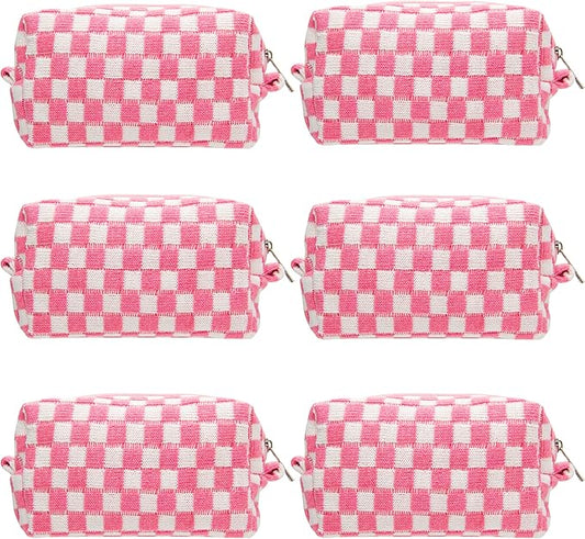 PAZIMIIK Checkered Makeup Bag for Purse Portable Zipper Make Up Pouch Small Cosmetic Case for Travel Accessories (6PCS Pink White)