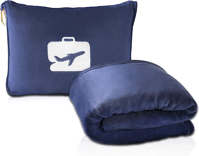 EverSnug Travel Blanket and Pillow - Premium Soft 2 in 1 Airplane Blanket with Soft Bag Pillowcase, Hand Luggage Sleeve and Backpack Clip (Navy Blue)