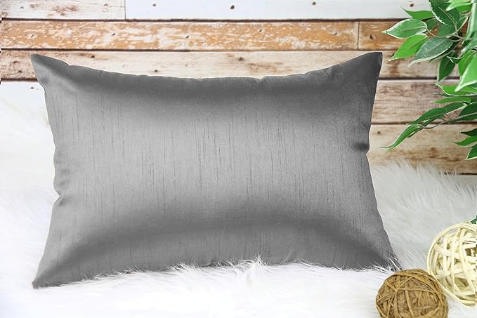 Aiking Home 12x18 Inches Faux Silk Rectangular Throw Pillow Cover, Zipper Closure, Charcoal (Set of 2)