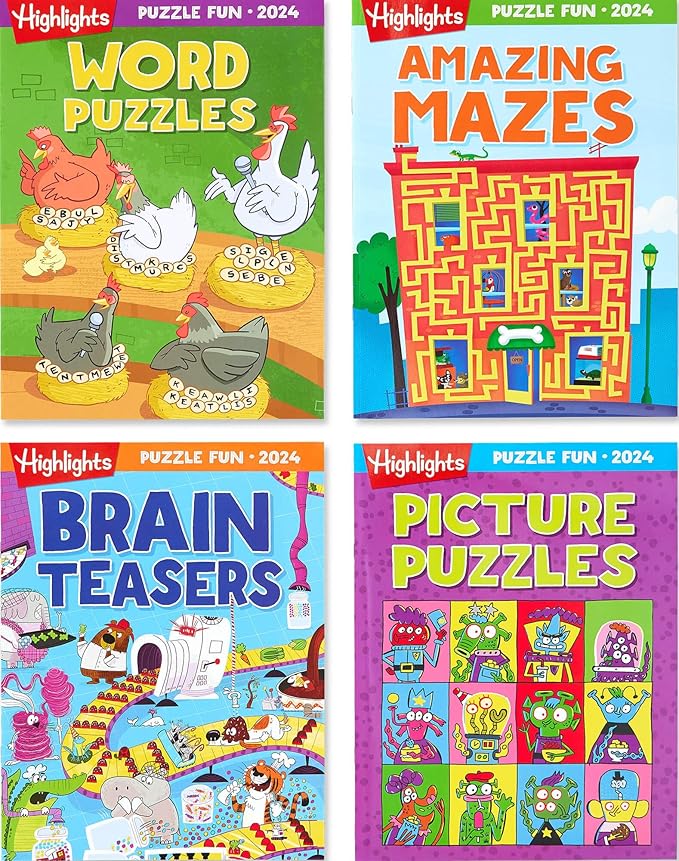 Highlights Puzzle Fun 2024 Puzzle Books for Kids Ages 6 and Up, 4-Book Set of Brain Teasers, Mazes, Word Puzzles and More Travel-Friendly Screen Free Brain-Boosting Activities