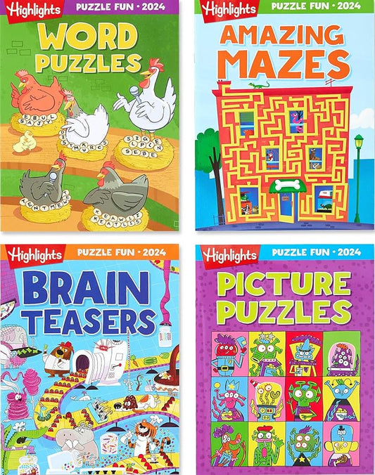 Highlights Puzzle Fun 2024 Puzzle Books for Kids Ages 6 and Up, 4-Book Set of Brain Teasers, Mazes, Word Puzzles and More Travel-Friendly Screen Free Brain-Boosting Activities