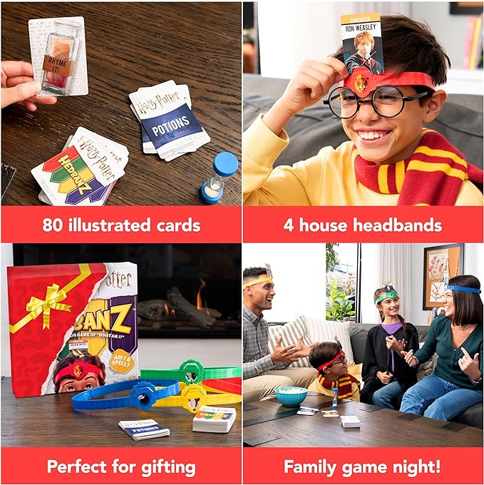 Hedbanz, Harry Potter Wizarding World 2022 Edition with New Cards Family Board Game Gift Toy Merchandise Books Movies Card Game House Headbands, for Adults & Kids Ages 6 and up