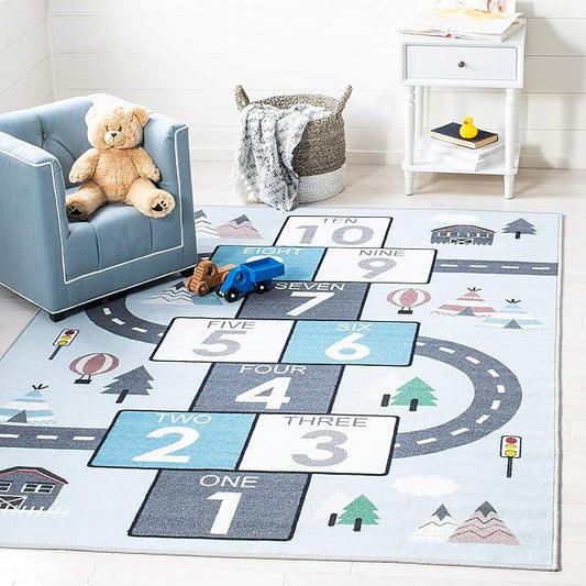 SAFAVIEH Kids Play House Collection 3'3" Square Grey/Blue KPH226F Machine Washable Hopscotch Playroom Nursery Bedroom Area Rug