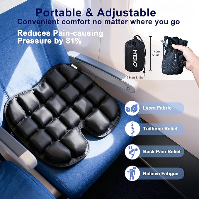 Upgrade Travel Seat Cushion for Airplane,Portable&Adjustable Air Seat Cushion,Coccyx Tailbone Pain Relief Chair Pad,Inflatable Cushion for Wheelchair, Travel,Driving,Office Work