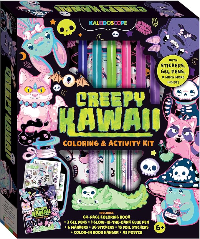Hinkler Kaleidoscope: Creepy Kawaii Coloring & Activity Kit - Kids Cute Halloween Themed Coloring Book w/Glitter Stationery, Stickers & More, Ages 6+