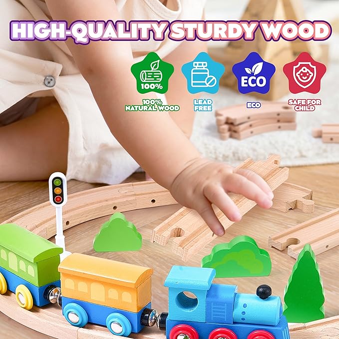 172Pcs Wooden Train Set for Toddlers, Wooden Train Track - Expandable and Changeable, Safe Educational Train Toys Gift for Boys & Girls Kids Ages 3-5 4-8, Compatible with All Major Brands