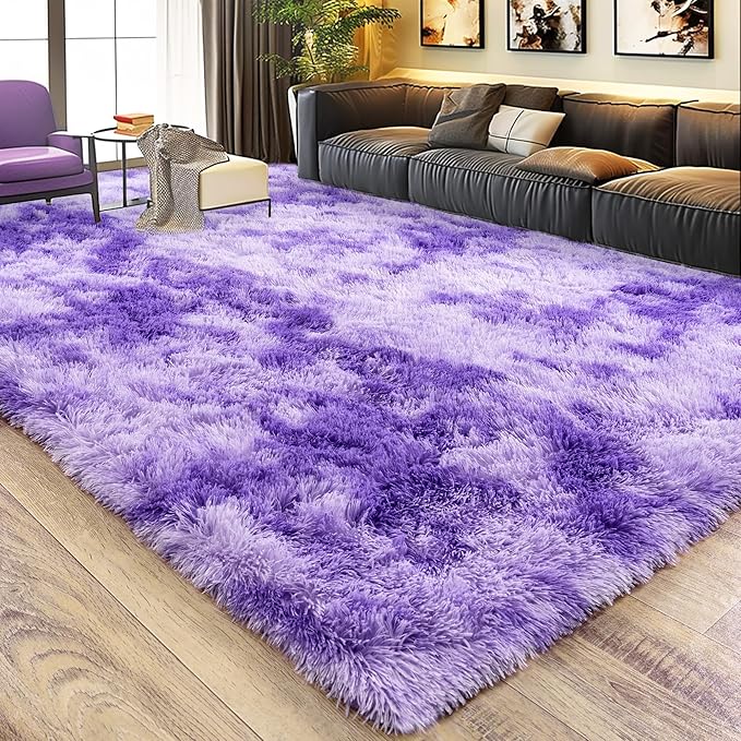 Xexsin Ultra Fluffy Area Rugs for Living Room Bedroom, 6x9 Fuzzy Large Living Room Rugs, Thick Shag Rug for Dorm, Soft Non Slip Kids Girls Boys Rug for Home Decor Aesthetic, Tie-Dyed Purple