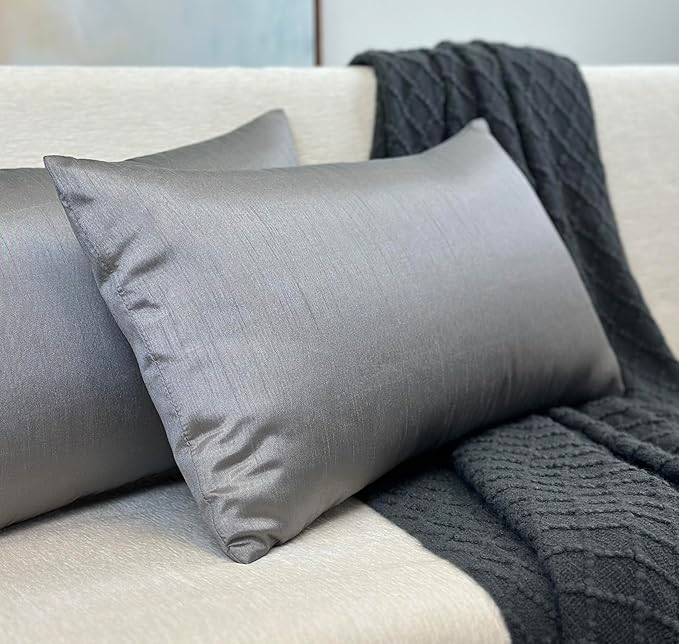 Aiking Home 12x24 Inches Faux Silk Rectangular Throw Pillow Cover, Zipper Closure, Charcoal (Set of 2)