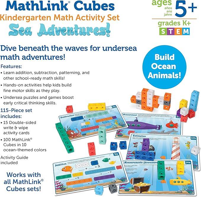 MathLink Cubes Kindergarten Math Activity Set Sea Adventures!, Math Teaching Toys, PreKManipulatives, Children’s Math Games, 115 Pieces, Age 5+