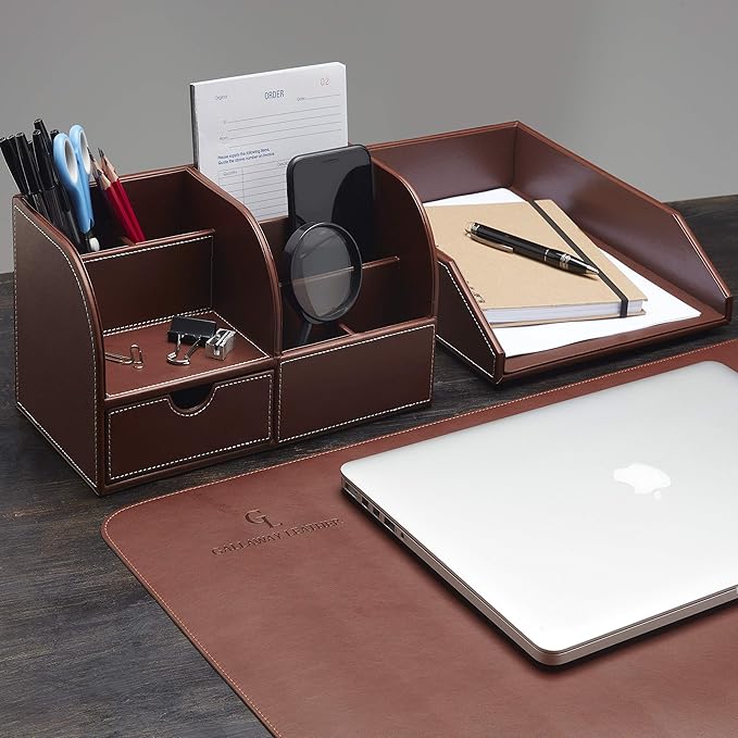 Gallaway Leather Letter Desk Organizer - Premium PU Leather Perfect for Office Organization, Document Holder Fits A4 Paper, Stackable Drawers for Extra Desk Storage